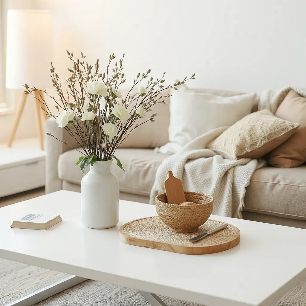Neatly styled coffee table with home accessories in a bright, cozy living room