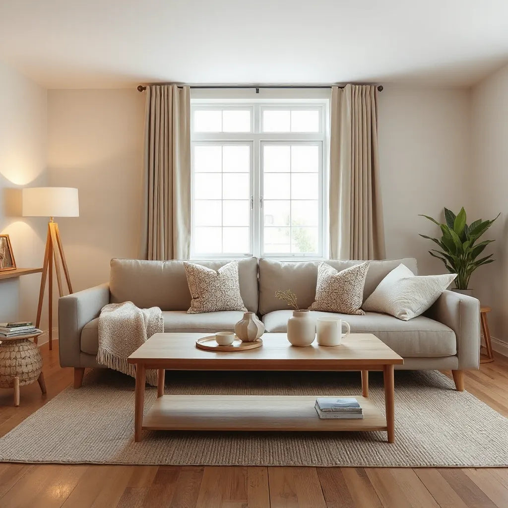 Modern living room styled with contemporary furniture, neutral textiles, and warm lighting