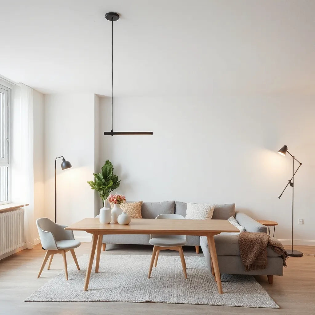 Modern pendant light and floor lamp illuminating a clean, neutral living room