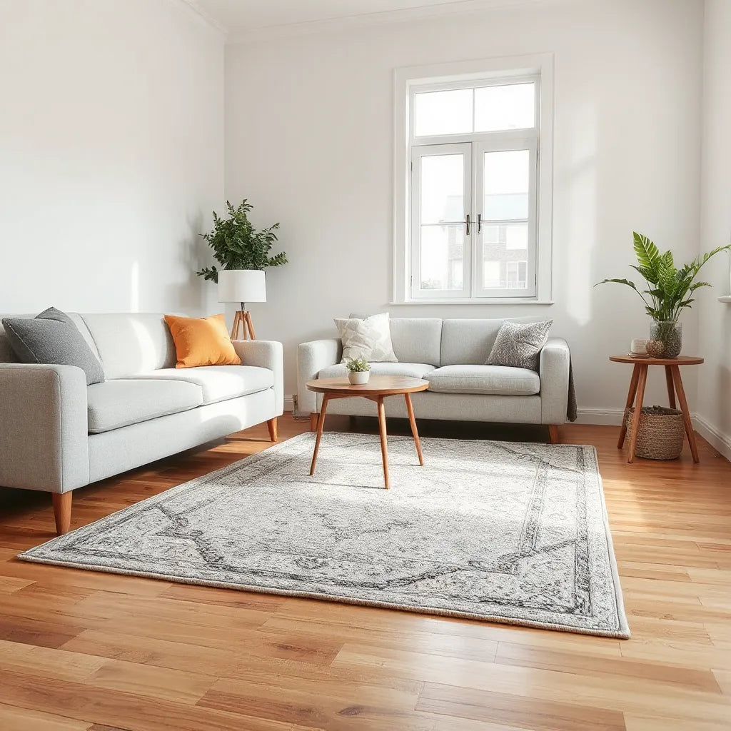 Decorative patterned rug centered in a bright living room with sofa, coffee table, and natural light