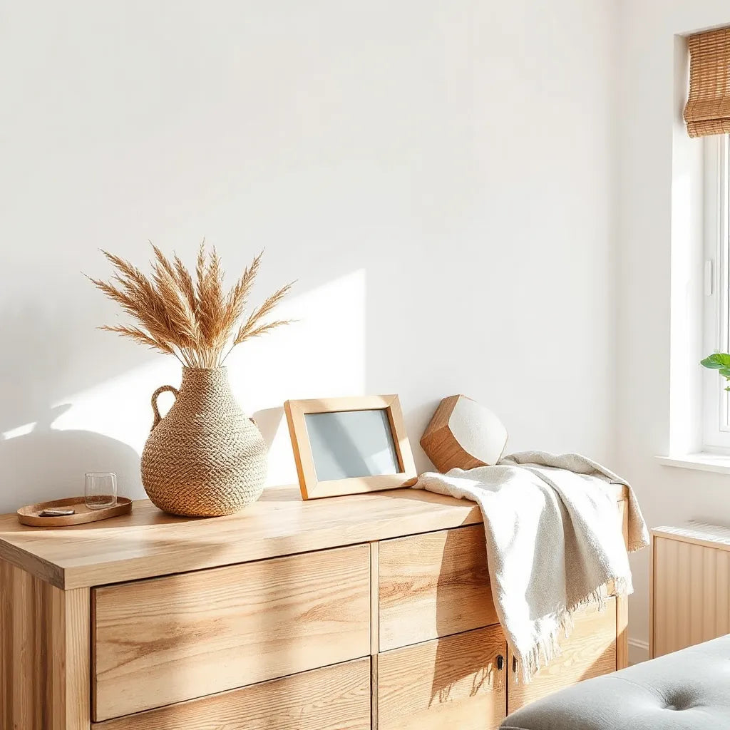 Sustainable decor items on a wooden sideboard with linen textiles and ceramic vase in a bright living room