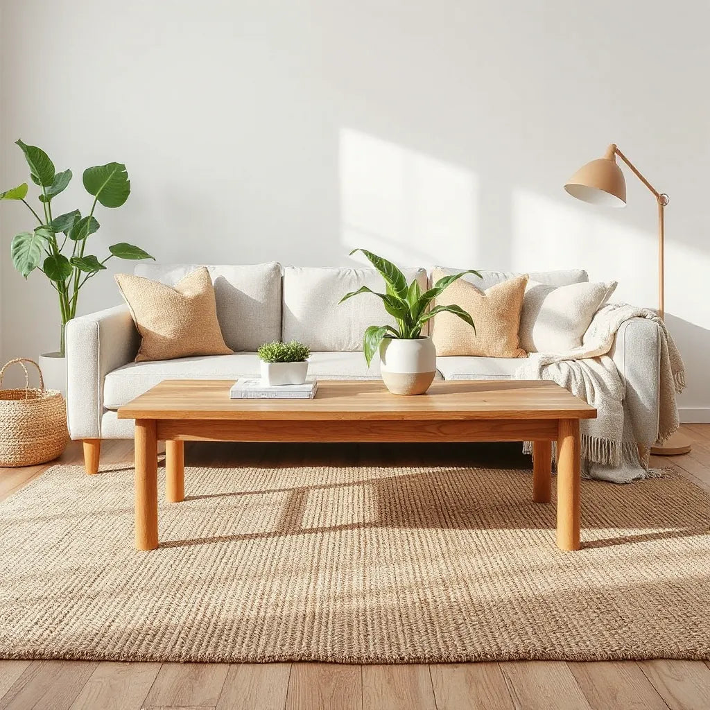 Sunlit living room with natural wood, linen cushions, a wool throw, and a jute rug