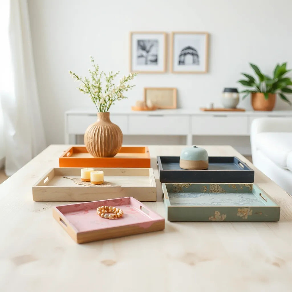 Colorful decorative trays arranged on a tabletop with small decor items in a bright living room