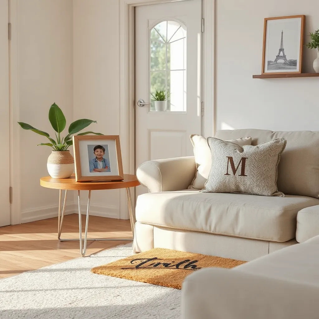 Personalized home decor items arranged in a bright living room, including a photo frame and monogram accents