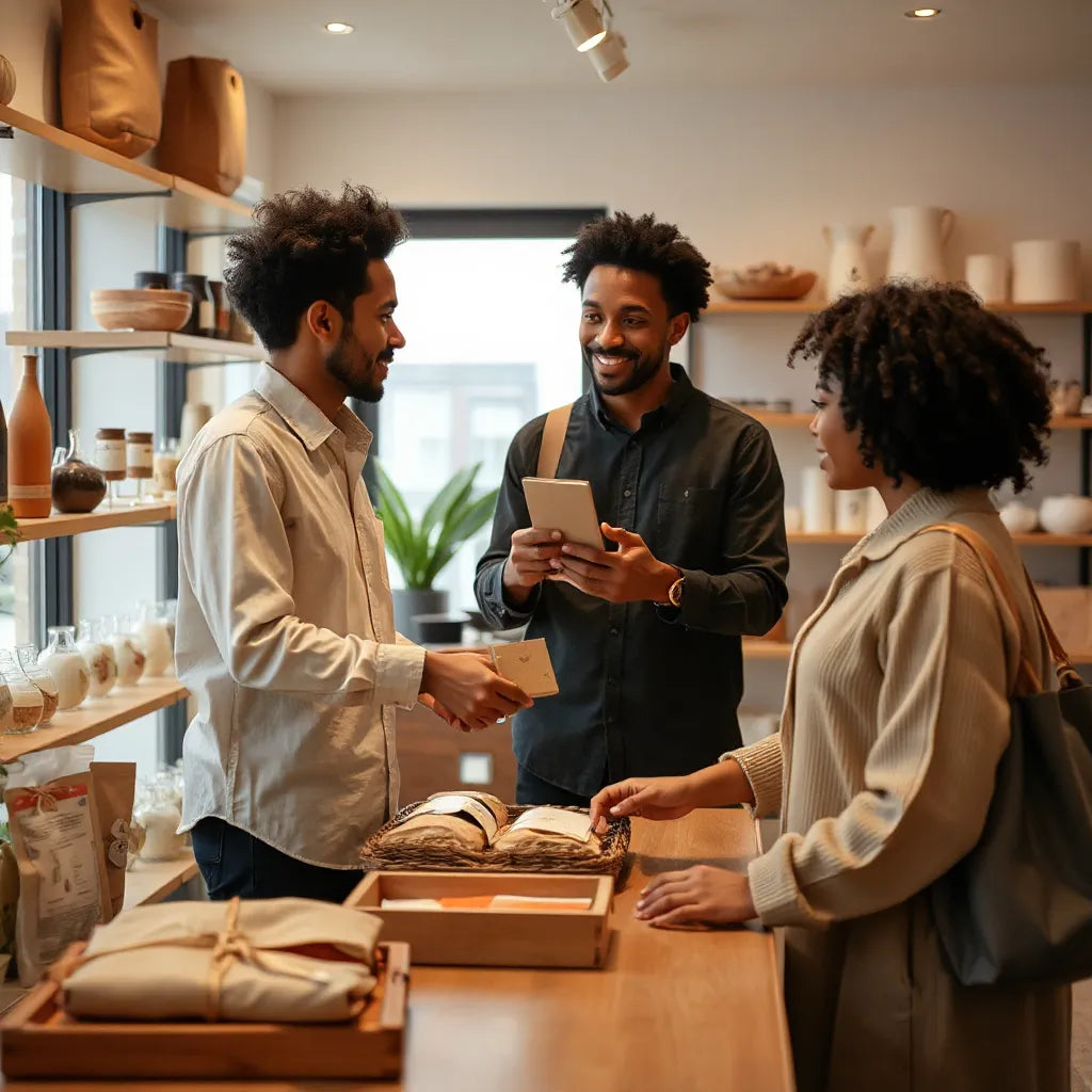 Shoppers selecting small-batch products in a modern boutique with warm natural light
