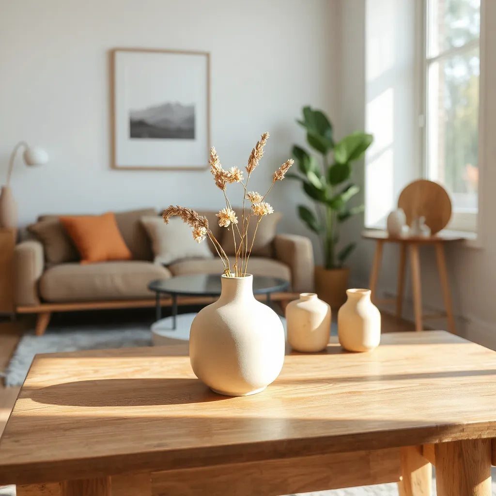 Ceramic decorative vases on a console table with dried stems in a bright living room