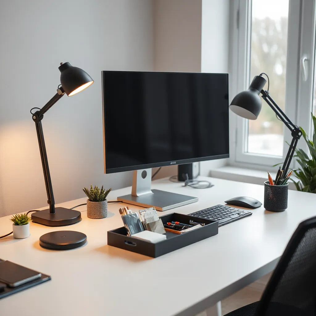 Clean home office desk with cable organizer, lamp, stationery tray, and monitor stand