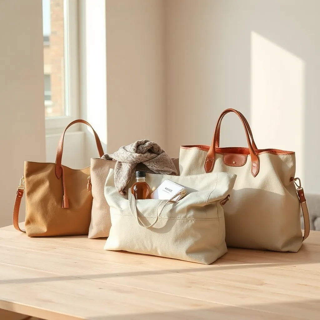 Stylish tote bags in neutral colors on a wooden table with small everyday essentials nearby