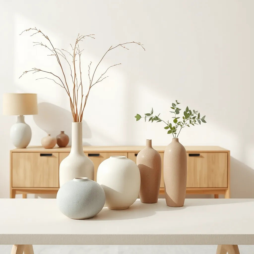 Assorted ceramic vases in neutral tones styled on a console table with minimal stems and greenery