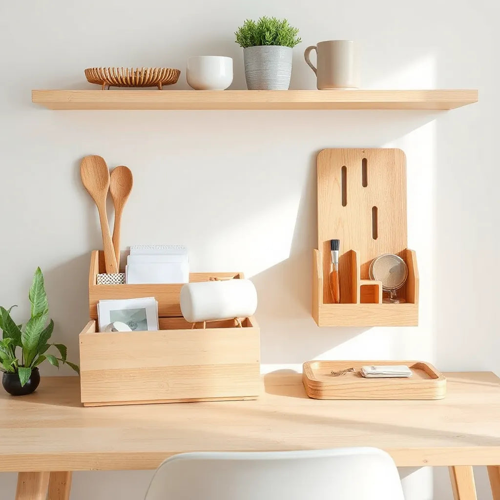 Neat wooden storage organizers on a shelf and desk for mail and small essentials in a bright room