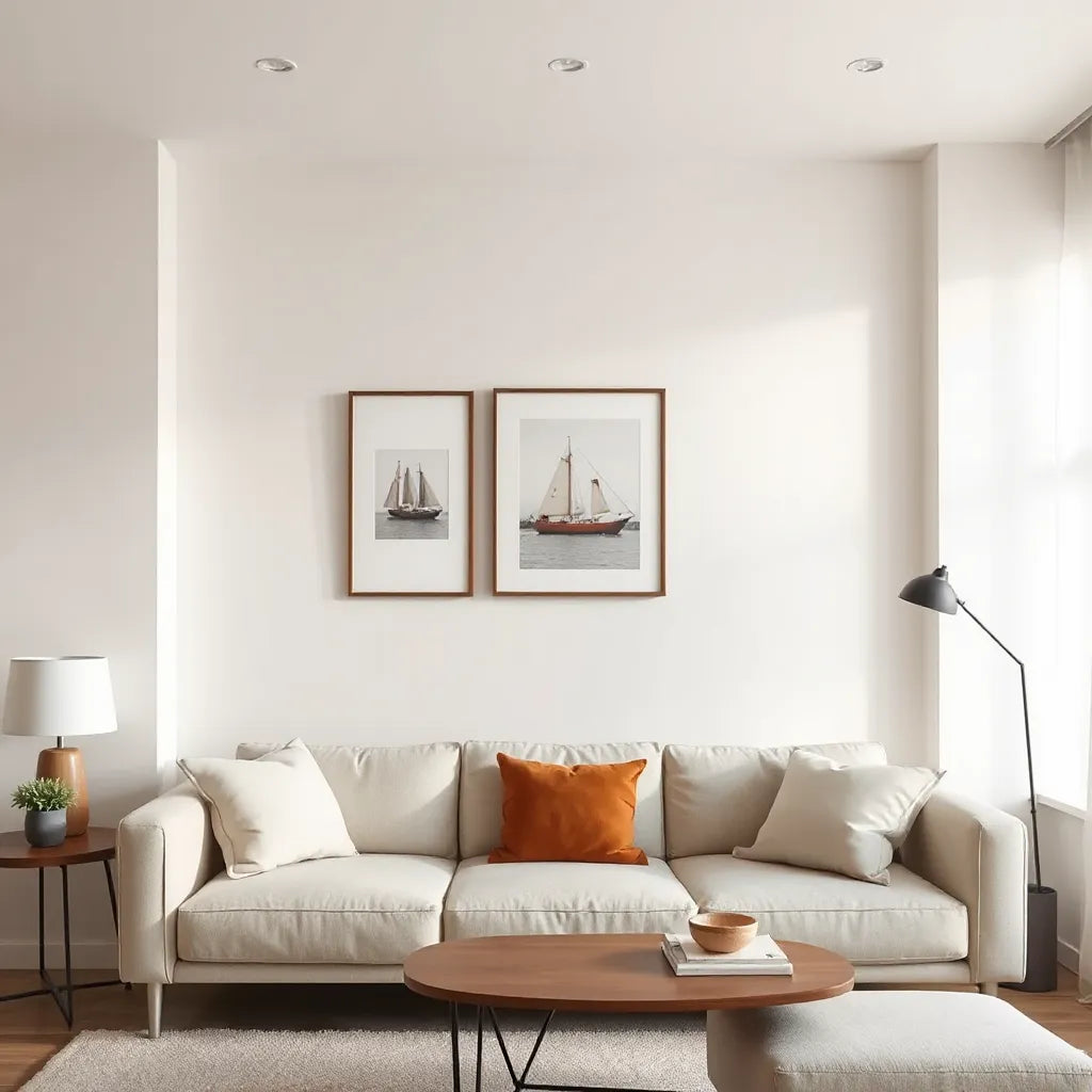 Framed customized artwork centered on a living room wall with warm natural light