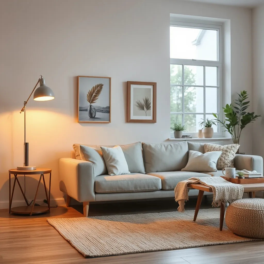 Cozy living room with warm floor and table lamps creating soft ambient light