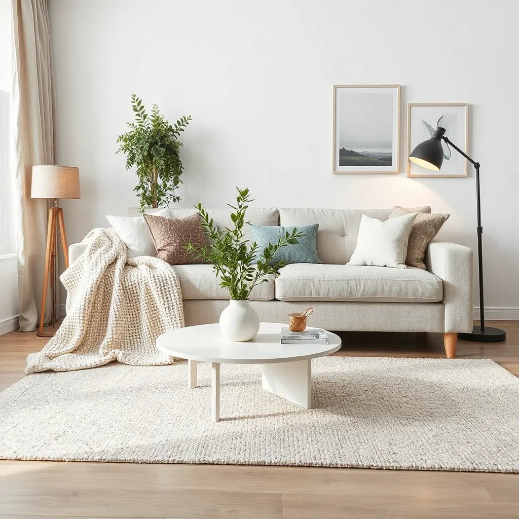 Neutral living room styled with cushions, a throw blanket, greenery, and warm lighting