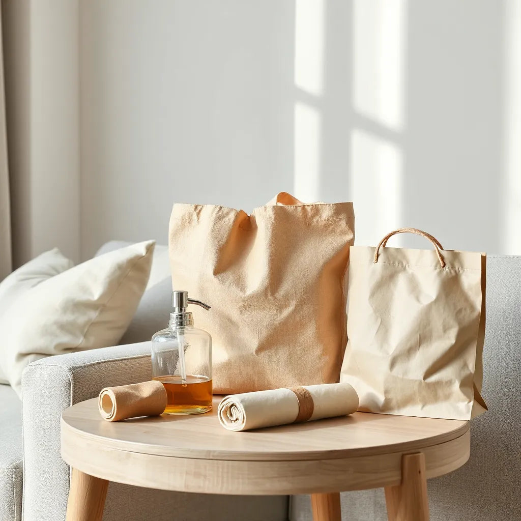 Reusable and refillable home essentials arranged on a light wood table in natural light