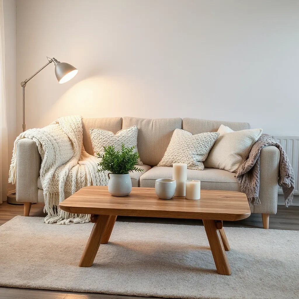 Cozy living room with warm lighting, layered throws and cushions, and a wooden coffee table