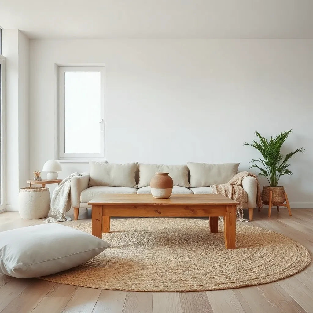 Sustainable living room with natural wood, woven rug, linen textiles, and indoor plants