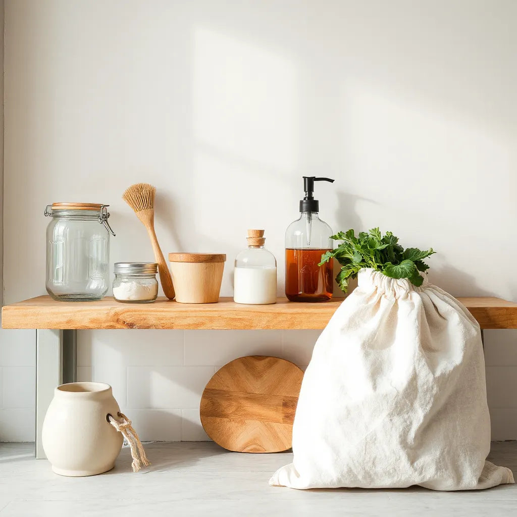 Natural home essentials like reusable jars, bamboo brush, and organic cotton towels in a bright kitchen