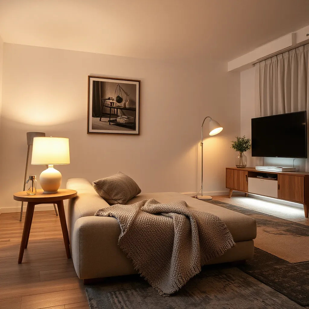 Warm layered ambient lighting in a cozy living room with a lamp and soft glow