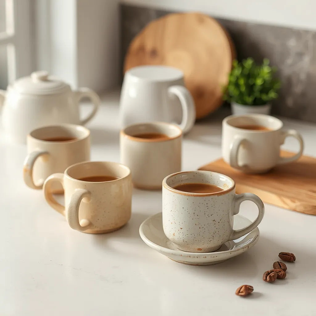 Set of ceramic coffee mugs with light coffee on a simple countertop in soft morning light