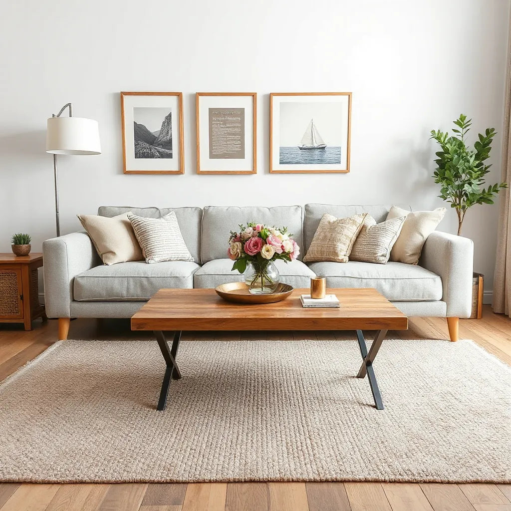 Bright living room with layered decor, natural wood accents, and framed wall art