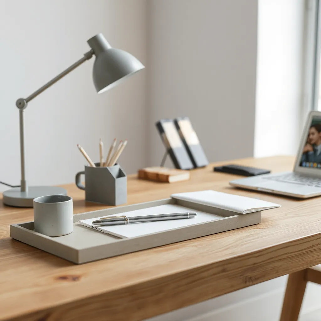 Minimal desk with slim organizers for pens, notes, documents, and cable management