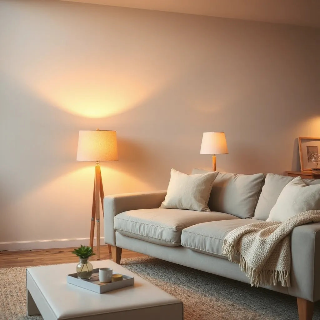 Warm lamps in a modern living room creating a cozy, layered glow