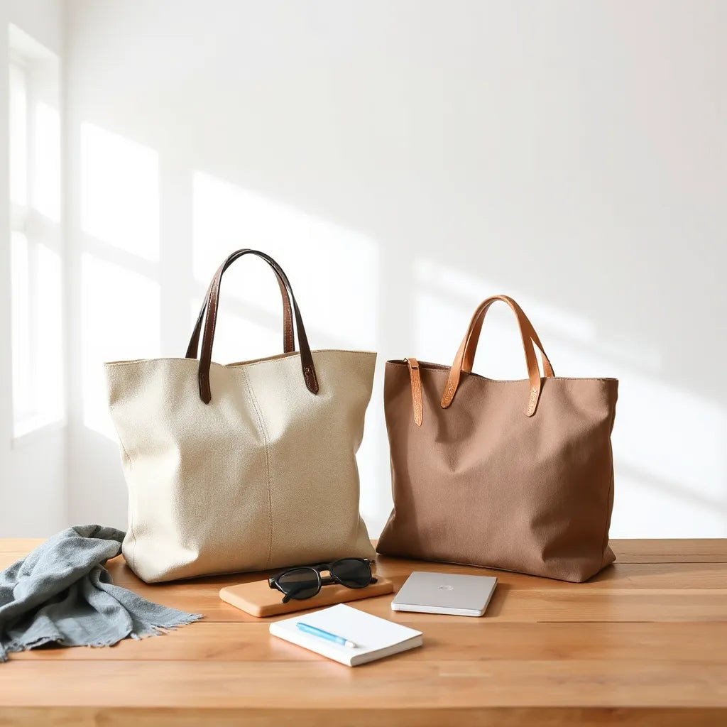 Two designer tote bags styled with a notebook, scarf, and sunglasses on a neutral surface