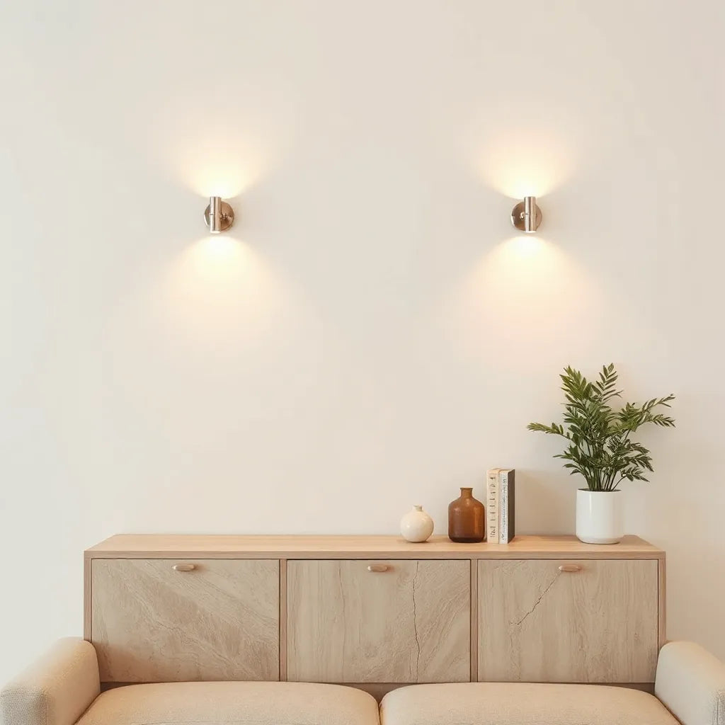 Modern wall-mounted lights casting warm light in a minimalist living room setting