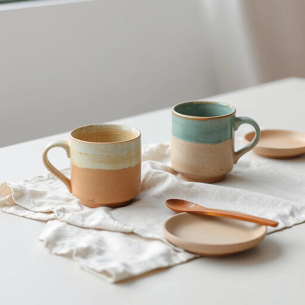 Two handmade ceramic mugs with different glazes on a linen cloth under soft natural light
