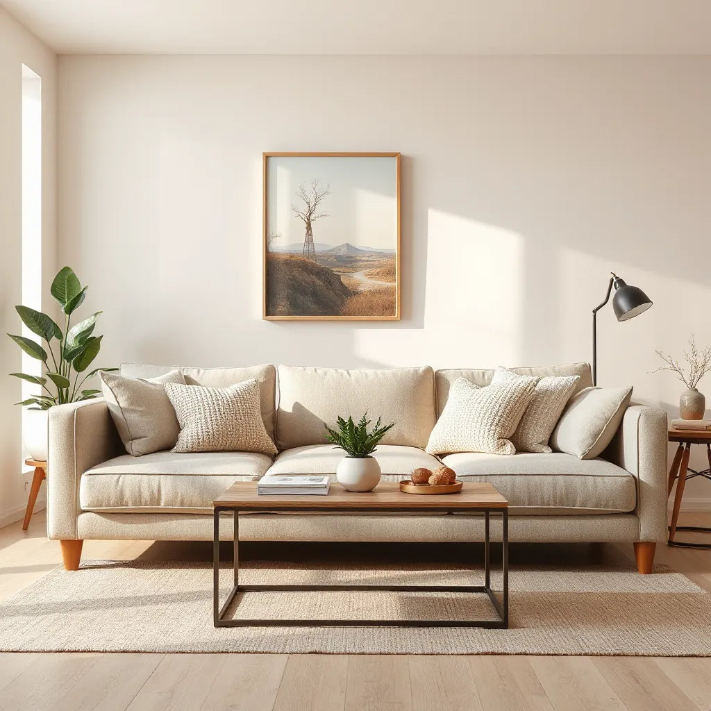 Bright living room with neutral sofa, layered decor, wall art, and indoor plant