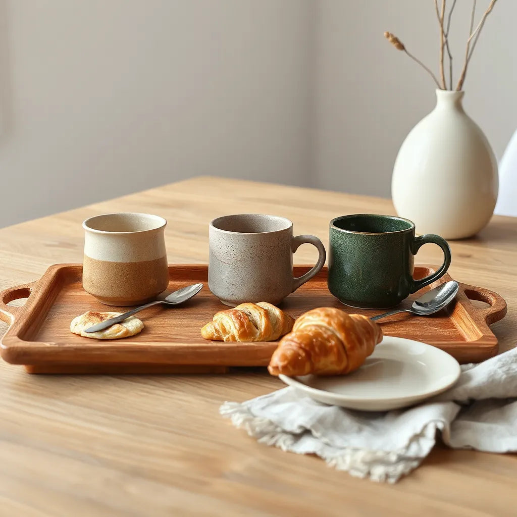 Handmade ceramic mugs with warm glaze colors on a wooden tray beside a linen napkin