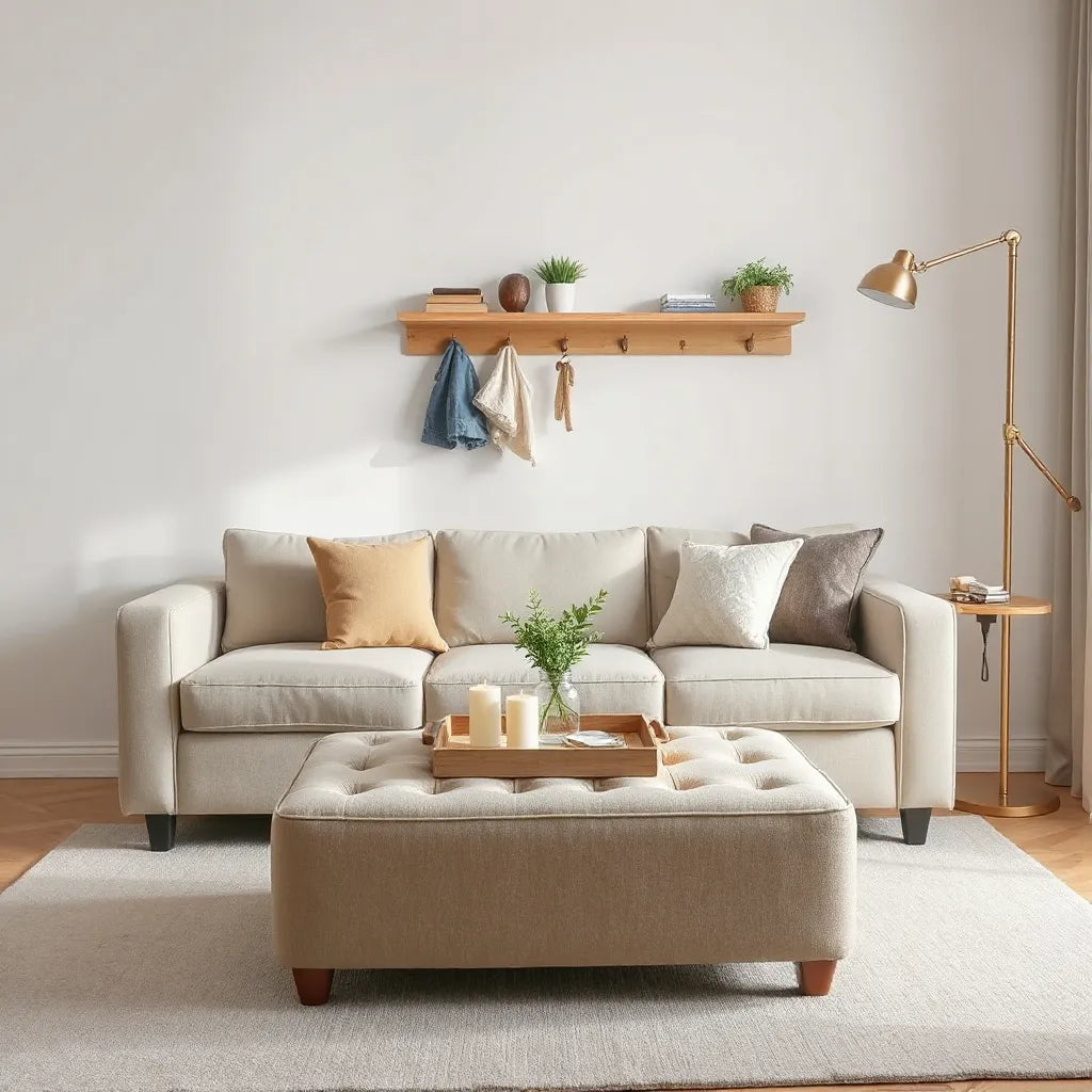 Modern living room with multifunctional ottoman storage, decorative tray, wall shelf hooks, and lamp side surface