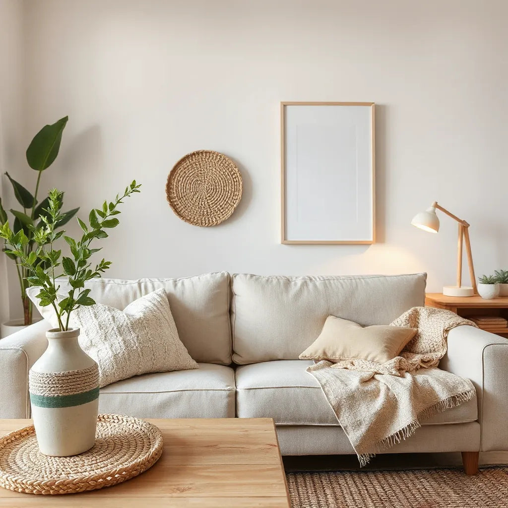 Bright living room styled with budget-friendly decor, textured pillows, and warm lighting