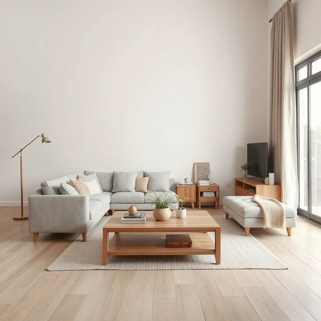 Low-profile sofa and simple wooden coffee table in a bright, uncluttered minimalist living room