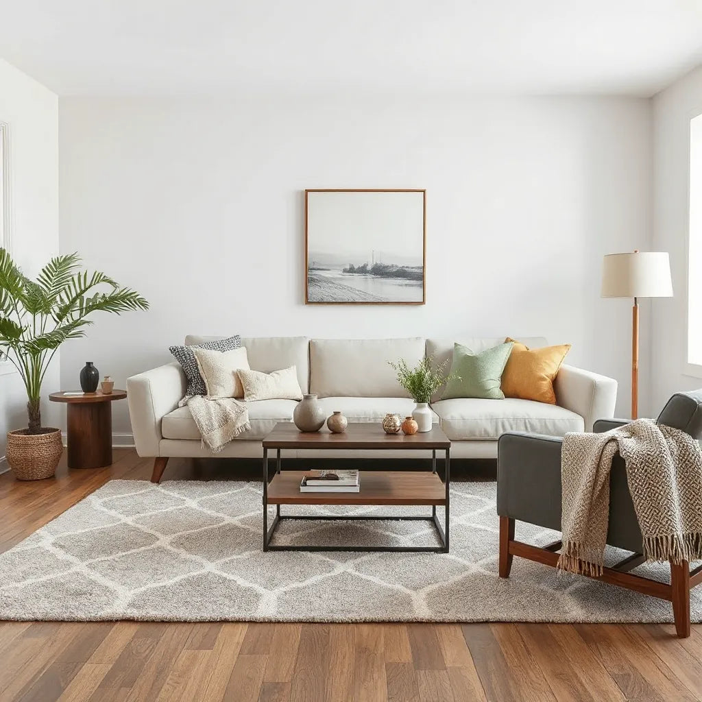 Bright modern living room with neutral sofa, layered textiles, and minimalist decor