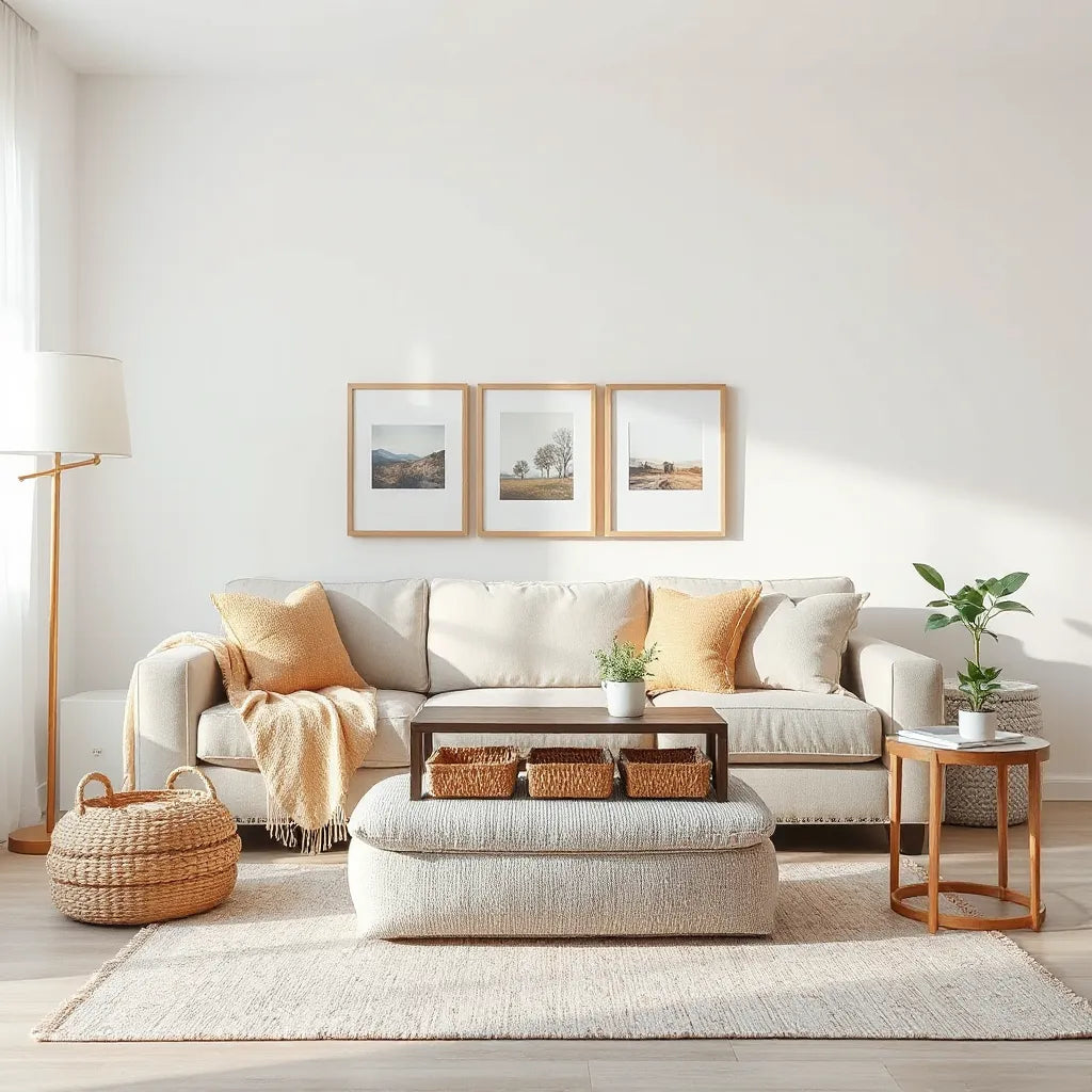Bright living room with removable wall art, layered rugs, and renter friendly storage