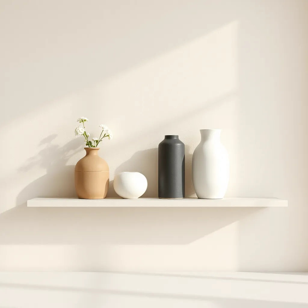 Multiple ceramic vases with varied shapes and finishes on a light shelf with a small bouquet.