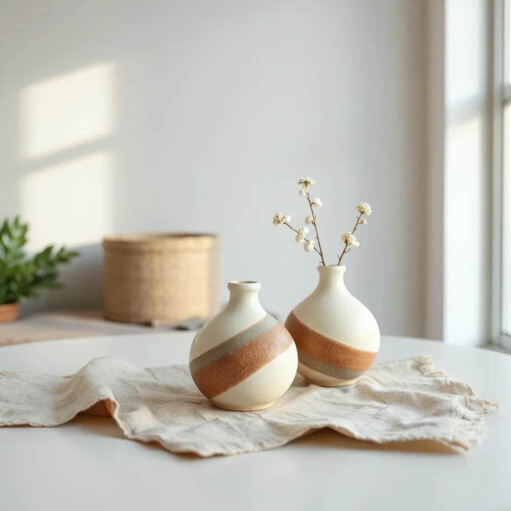 Twisty ceramic vases with fresh stems on a neutral tabletop with soft natural light
