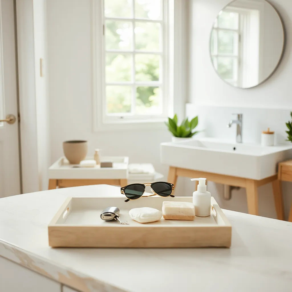 Stylish storage trays neatly holding keys and small bathroom essentials on a tidy vanity