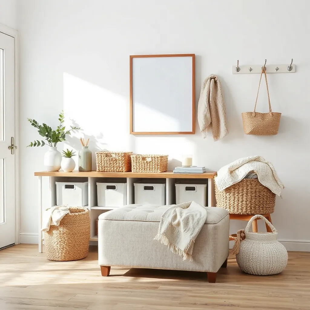 A tidy living room with baskets, bins, and hooks for organized everyday items