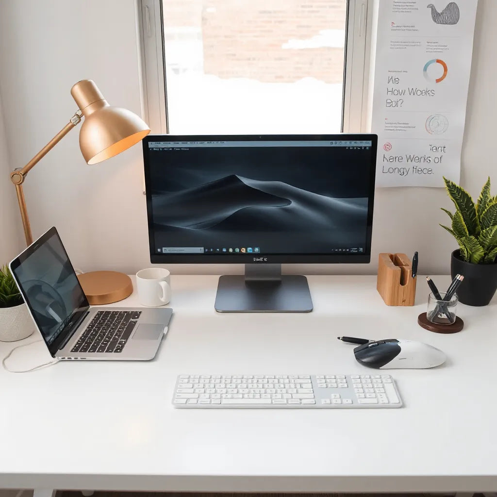 Modern desk setup with lamp, organizer, plant, and ergonomic accessories in a bright workspace