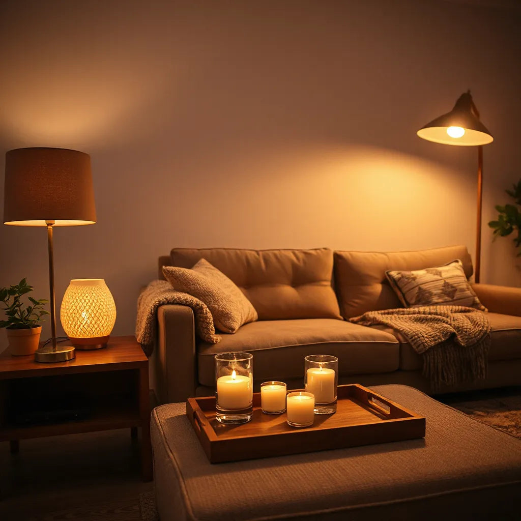 Warm table and floor lamps create a welcoming, cozy glow in a living room
