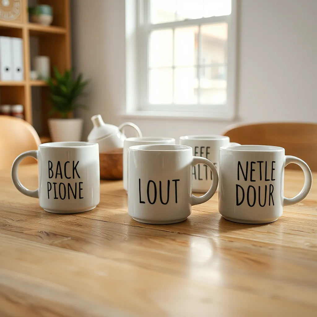 Assorted ceramic mugs with decorative designs on a wooden table in soft natural light