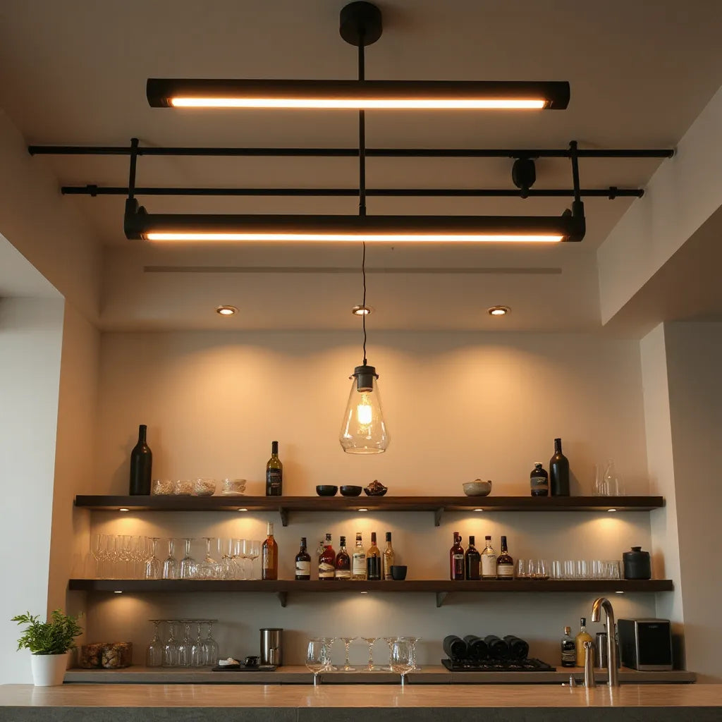 Warm modern bar lights above a home bar with glassware on dark shelves