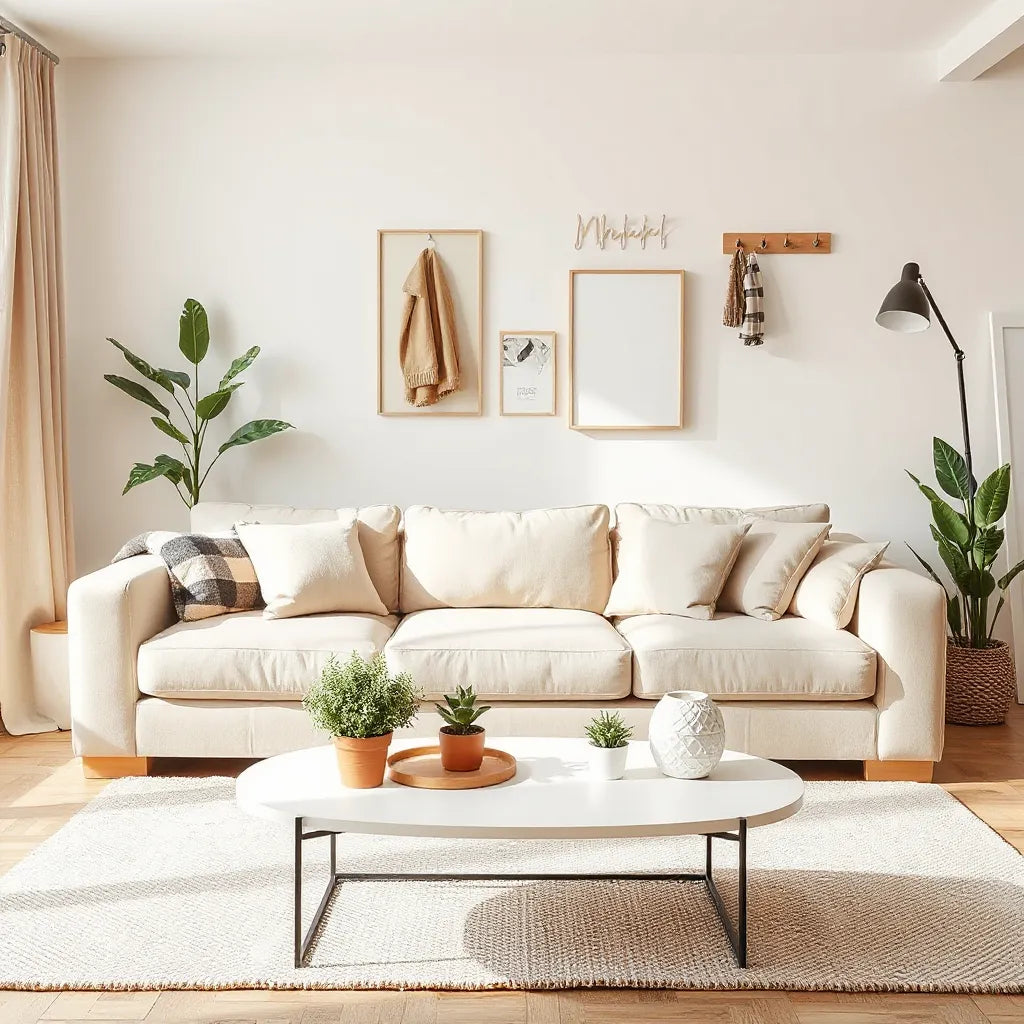 Renter-friendly living room with removable decor, plug-in lighting, and a washable rug