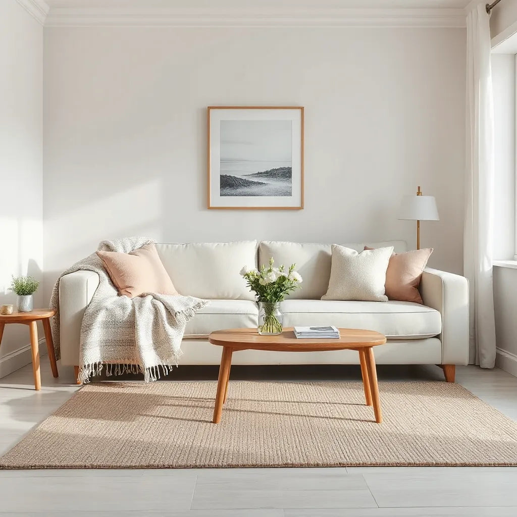 Bright living room with neutral sofa, layered decor, wall art, and a coffee table with fresh flowers
