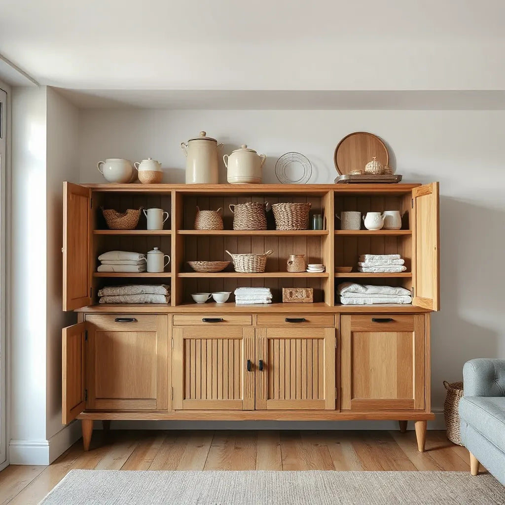 Handcrafted wooden cabinet with woven baskets and neatly organized items in a bright living room