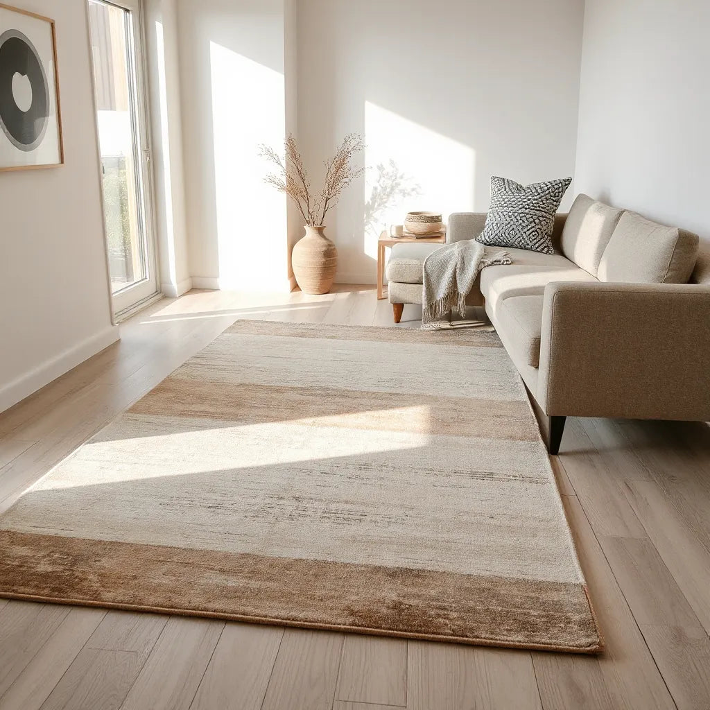 Artistic patterned rug in a sunlit living room with neutral sofa and minimal decor