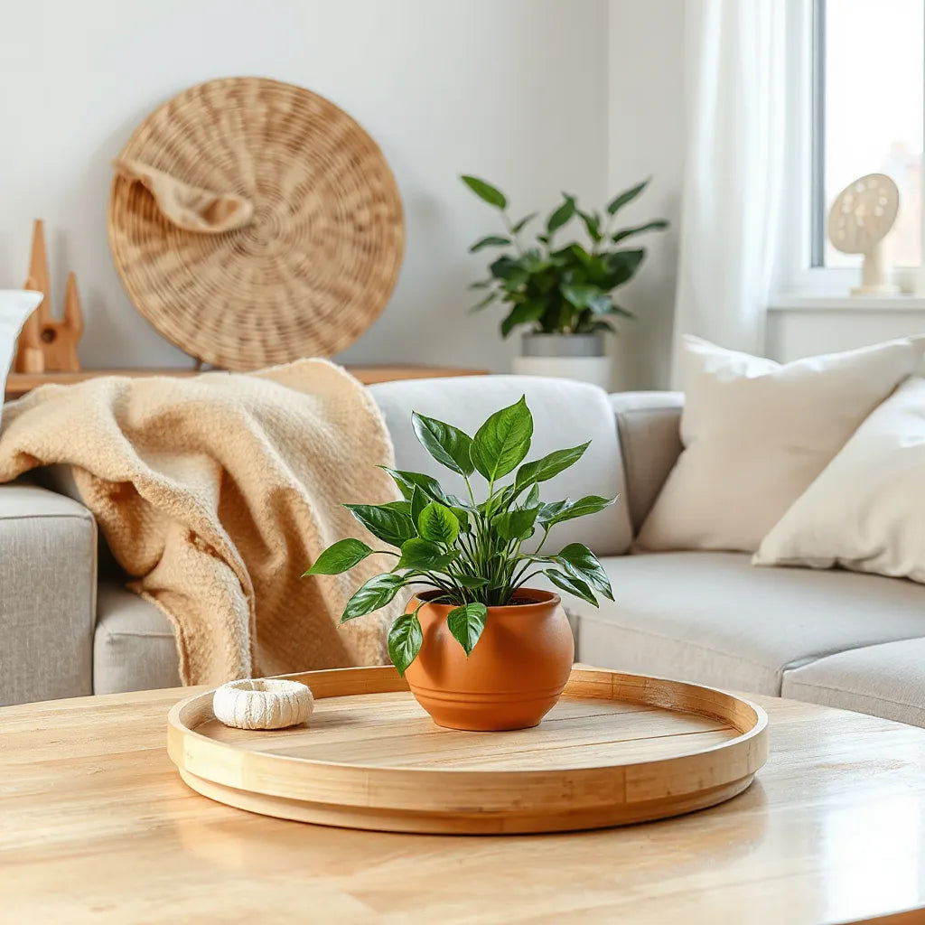 Neutral living room with woven textiles, natural wood accents, and indoor plants in eco-friendly decor.