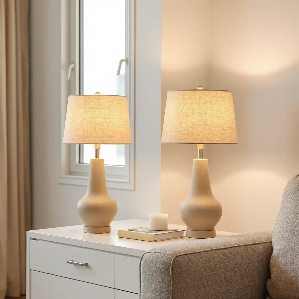 Minimal table lamps with warm light on a clean side table in a neutral living room